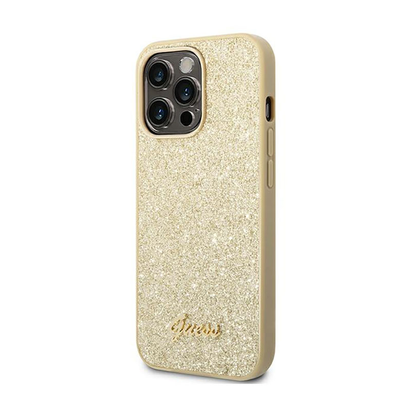 Guess Glitter Flakes Metal Logo Case – Etui iPhone 14 Pro Max (złoty)