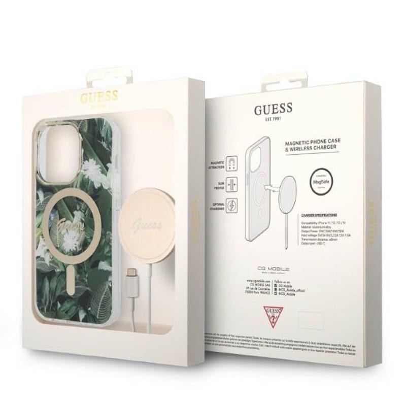 Guess Bundle Pack MagSafe IML Jungle - Zestaw etui + ładowarka MagSafe iPhone 14 Pro (khaki/złoty)