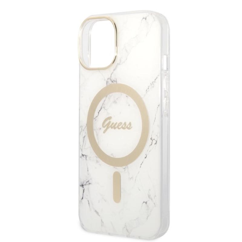 Guess Bundle Pack MagSafe IML Marble - Zestaw etui + ładowarka MagSafe iPhone 14 Plus (biały/złoty)