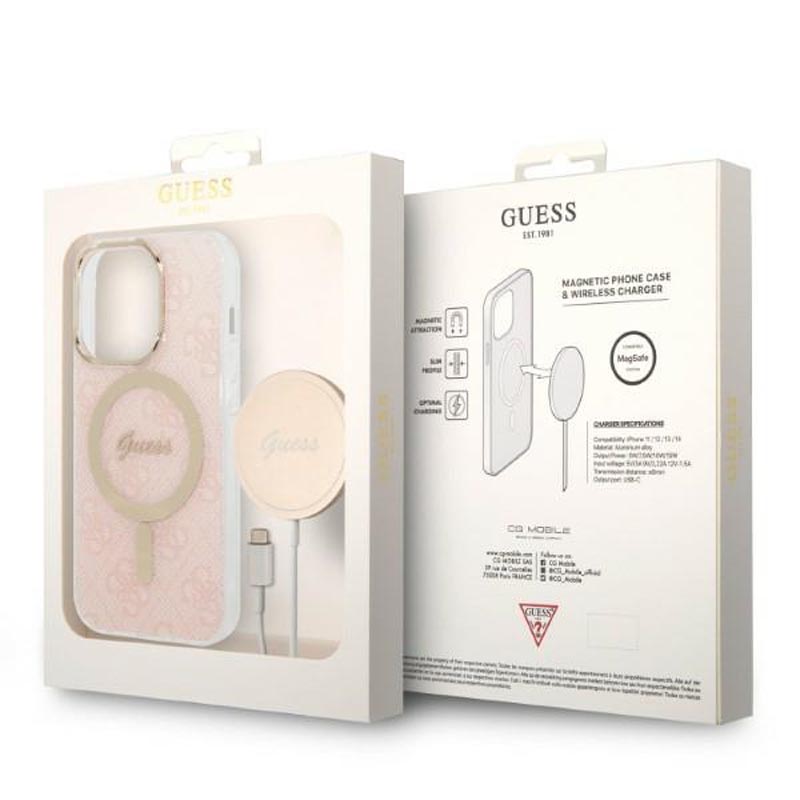Guess Bundle Pack MagSafe 4G - Zestaw etui + ładowarka MagSafe iPhone 14 Pro Max (różowy/złoty)