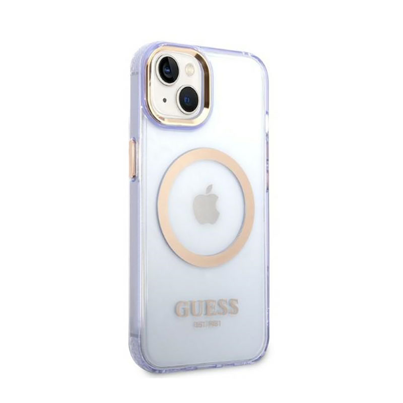 Guess Gold Outline Translucent MagSafe - Etui iPhone 14 (fioletowy)