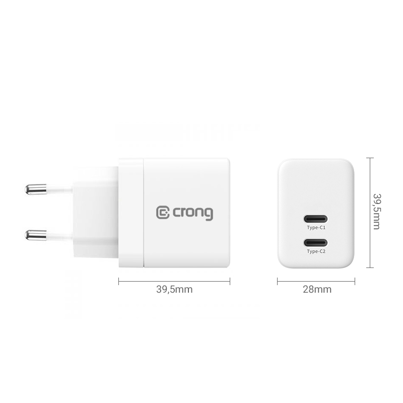 Crong Ultra Compact GaN - Ładowarka sieciowa 2x USB-C 35W PD 3.0 z PPS (biały)