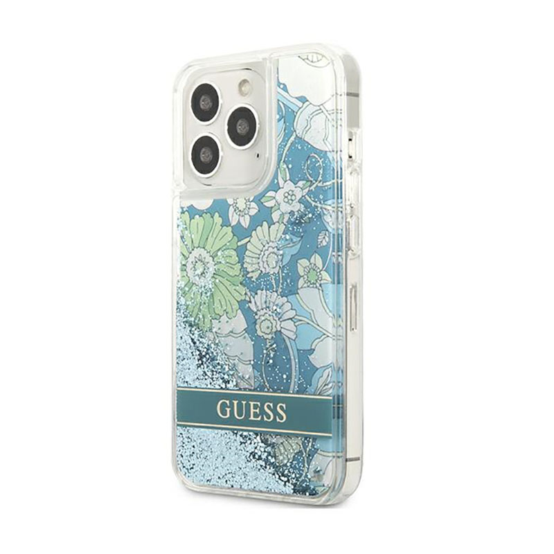 Guess Liquid Glitter Flower – Etui iPhone 13 Pro (niebieski/zielony)