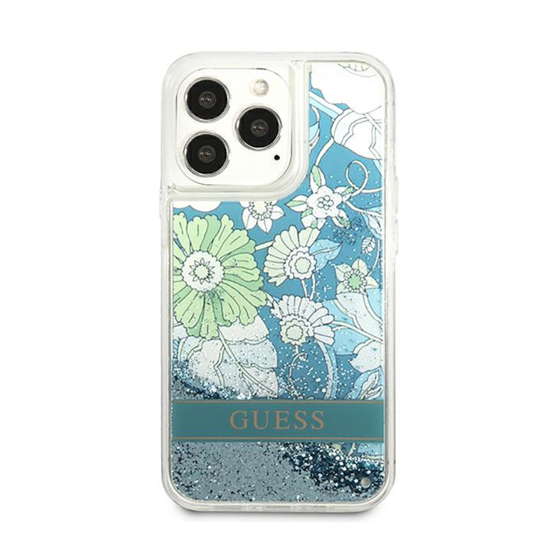 Guess Liquid Glitter Flower – Etui iPhone 13 Pro Max (niebieski/zielony)
