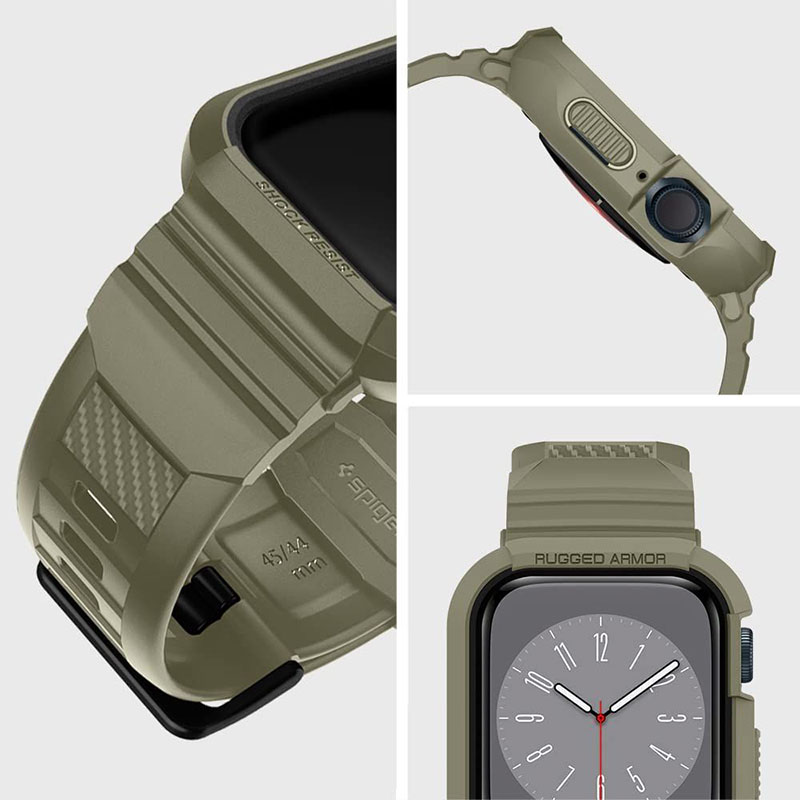 Spigen Rugged Armor Pro - Pasek z obudową do Apple Watch 44/45 mm (Vintage Khaki)