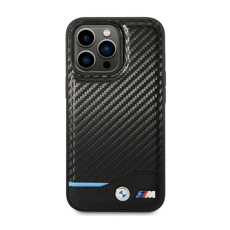 BMW Leather Carbon Blue Line MagSafe - Etui iPhone 14 Pro (czarny)