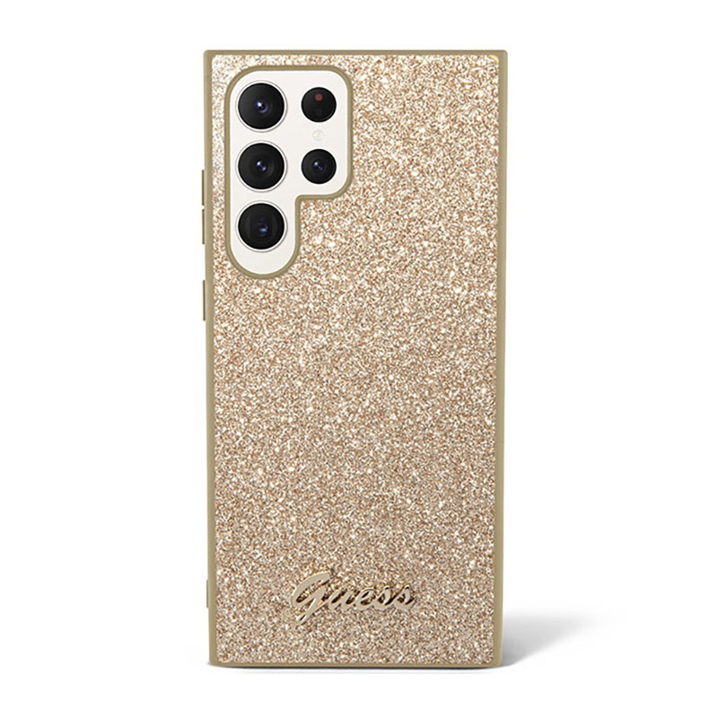 Guess Glitter Flakes Metal Logo Case - Etui Samsung Galaxy S23 Ultra (złoty)