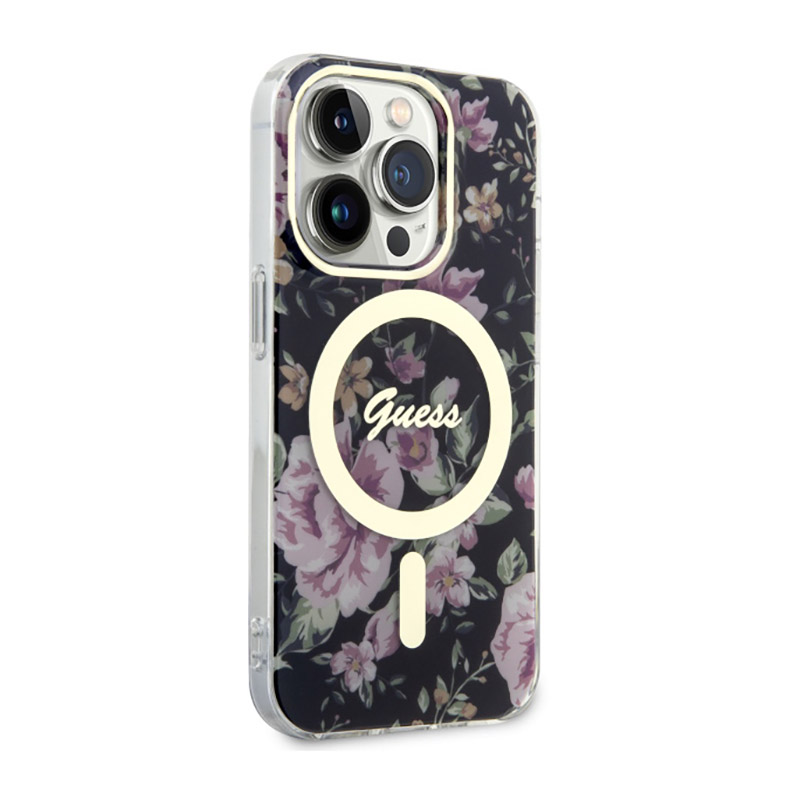Guess Flower MagSafe - Etui iPhone 14 Pro (Czarny)