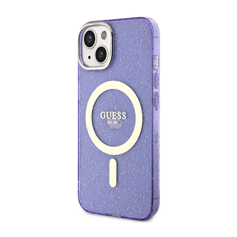 Guess Glitter Gold MagSafe - Etui iPhone 14 Plus (Purpurowy)