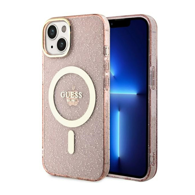 Guess Glitter Gold MagSafe - Etui iPhone 14 (Różowy)