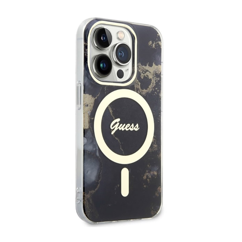 Guess Golden Marble MagSafe - Etui iPhone 14 Pro (Czarny)