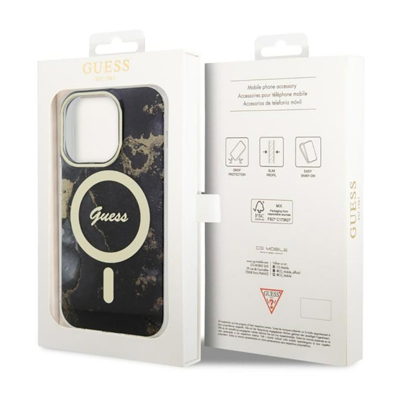Guess Golden Marble MagSafe - Etui iPhone 14 Pro (Czarny)