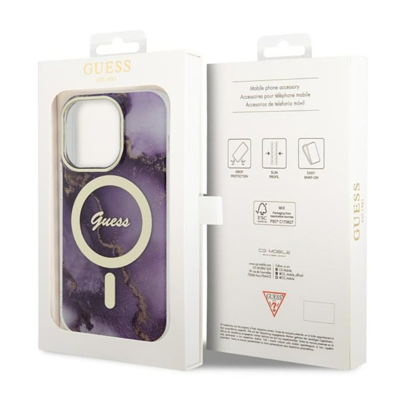 Guess Golden Marble MagSafe - Etui iPhone 14 Pro (Purpurowy)