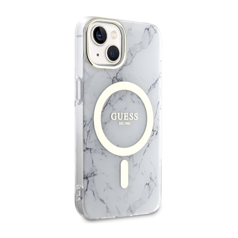 Guess Marble MagSafe - Etui iPhone 14 (Biały)