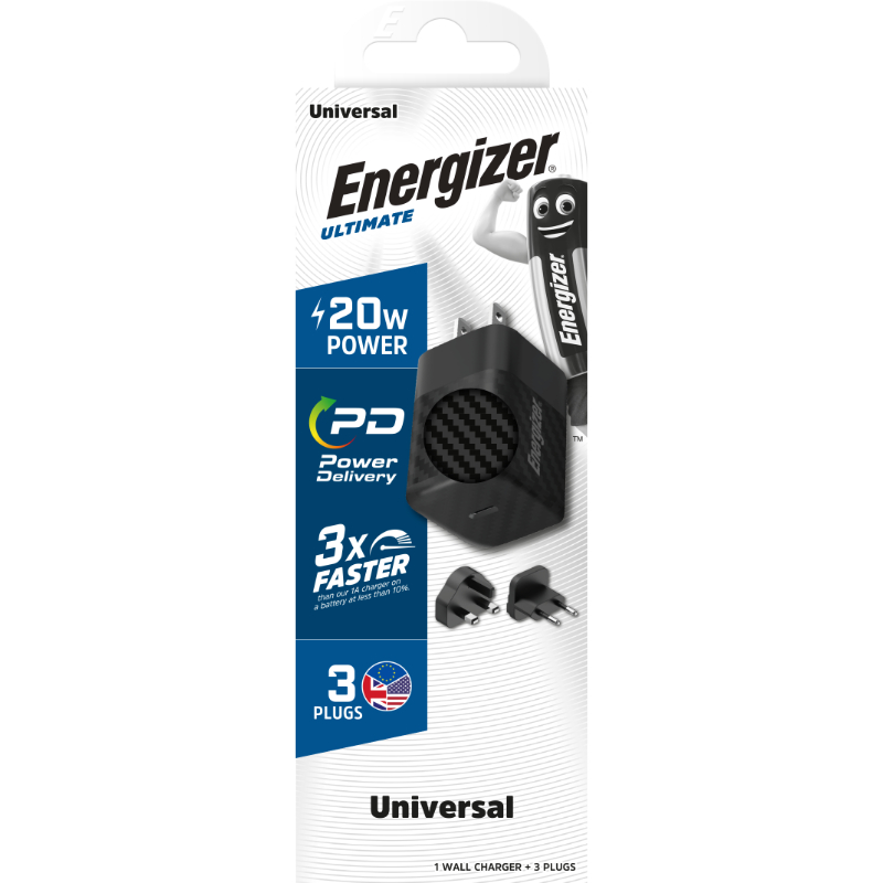 Energizer Ultimate - Ładowarka sieciowa Multiplug EU / UK / US GaN USB-C 20W PD (Czarny)