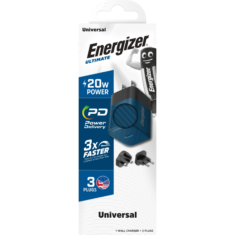Energizer Ultimate - Ładowarka sieciowa Multiplug EU / UK / US GaN USB-C 20W PD (Niebieski)