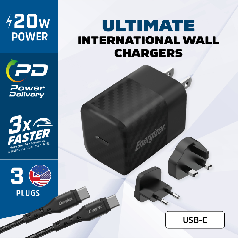 Energizer Ultimate - Ładowarka sieciowa Multiplug EU / UK / US GaN USB-C 20W PD + kabel USB-C (Czarny)