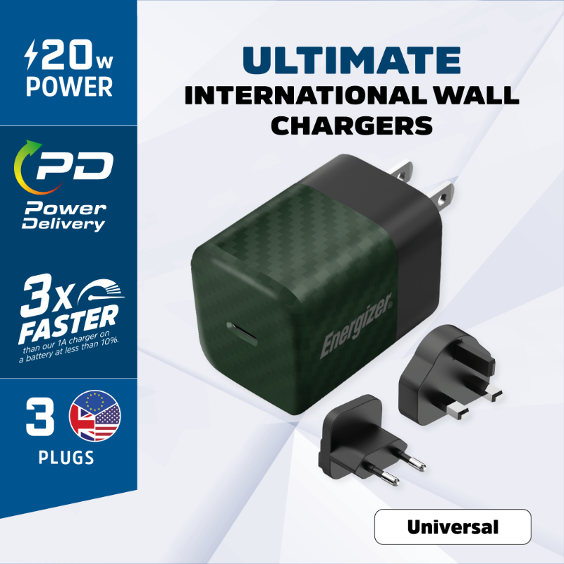Energizer Ultimate - Ładowarka sieciowa Multiplug EU / UK / US GaN USB-C 20W PD (Zielony)