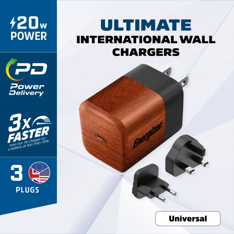 Energizer Ultimate - Ładowarka sieciowa Multiplug EU / UK / US GaN USB-C 20W PD (Walnut burl)