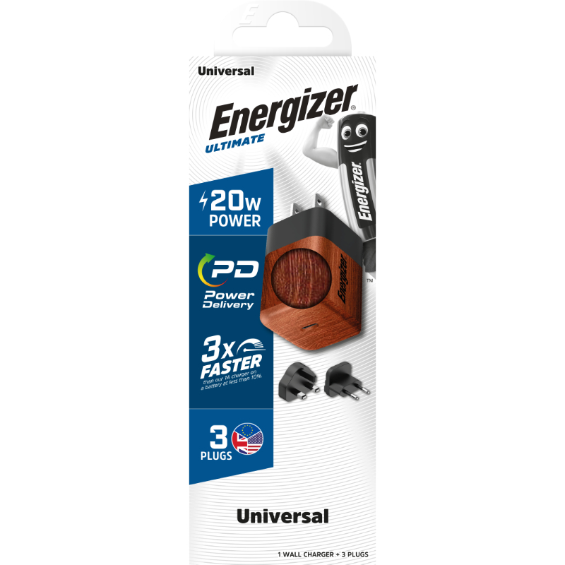 Energizer Ultimate - Ładowarka sieciowa Multiplug EU / UK / US GaN USB-C 20W PD (Walnut burl)
