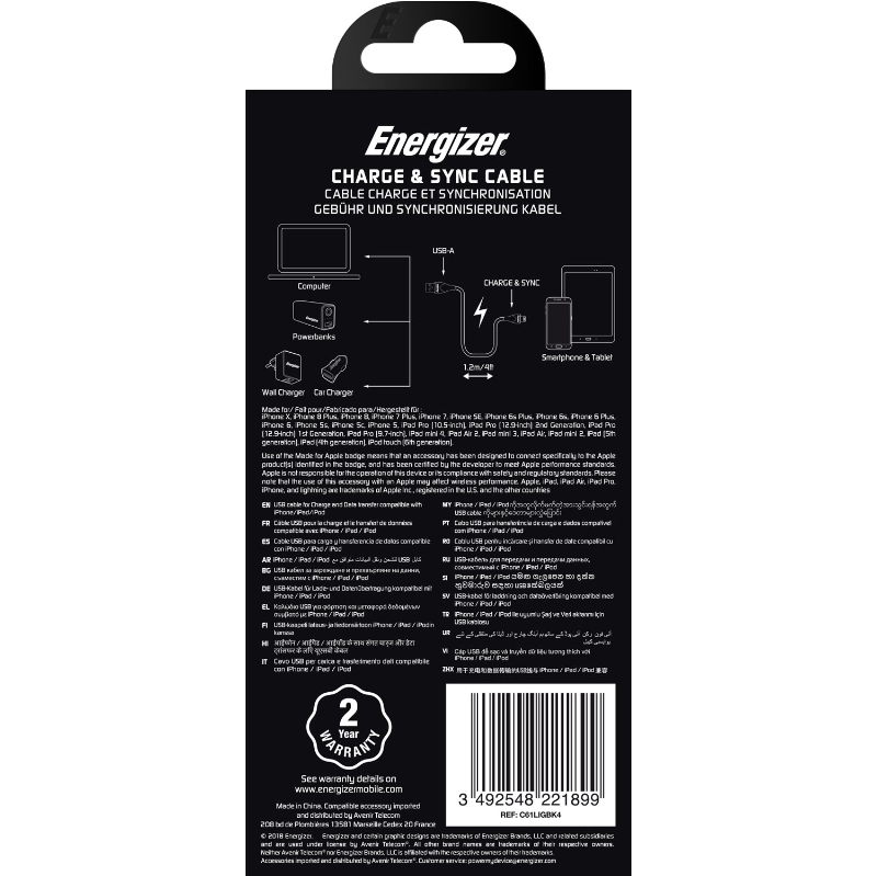 Energizer Classic - Kabel połączeniowy USB-A do Lightning certyfikat MFi 1.2m (Czarny)