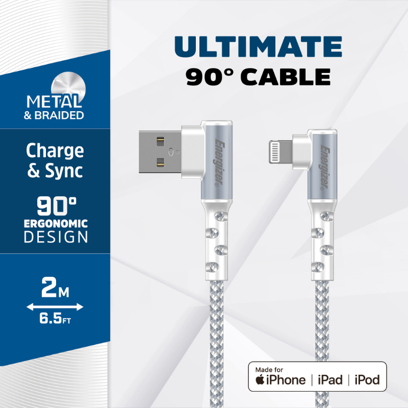 Energizer Ultimate - Kabel gamingowy USB-A do Lightning 90° certyfikat MFi 2m (Biały)