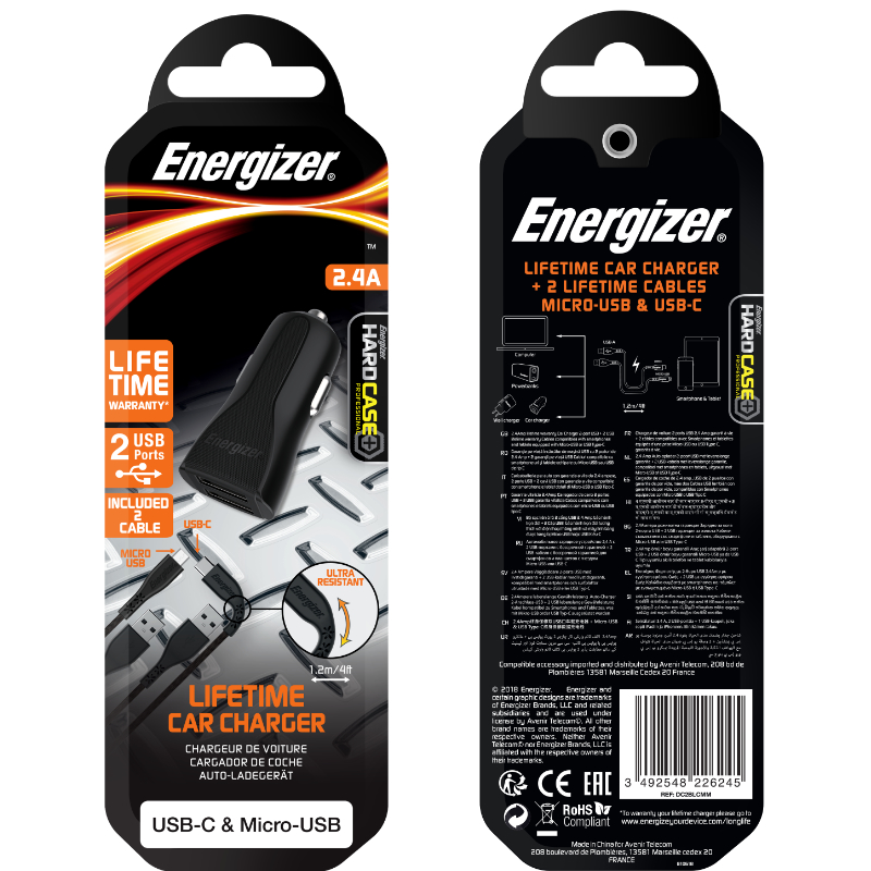 Energizer HardCase - Ładowarka samochodowa 2x USB-A 2.4A + Kabel USB-C & Micro USB (Czarny)