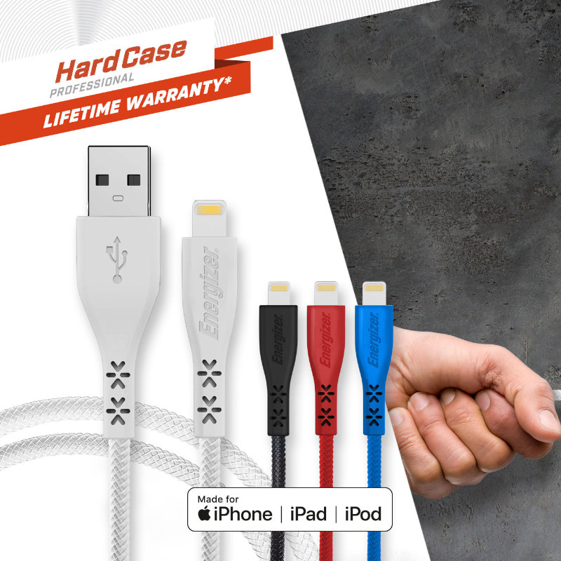 Energizer HardCase - Kabel połączeniowy USB-A do Lightning certyfikat MFi 1.2m (Czarny) dożywotnia gwarancja