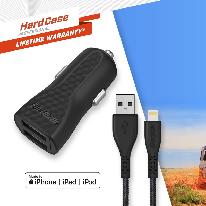 Energizer HardCase - Ładowarka samochodowa 2x USB-A 17W 3.4A + Kabel Lightning certyfikat MFi (Czarny)