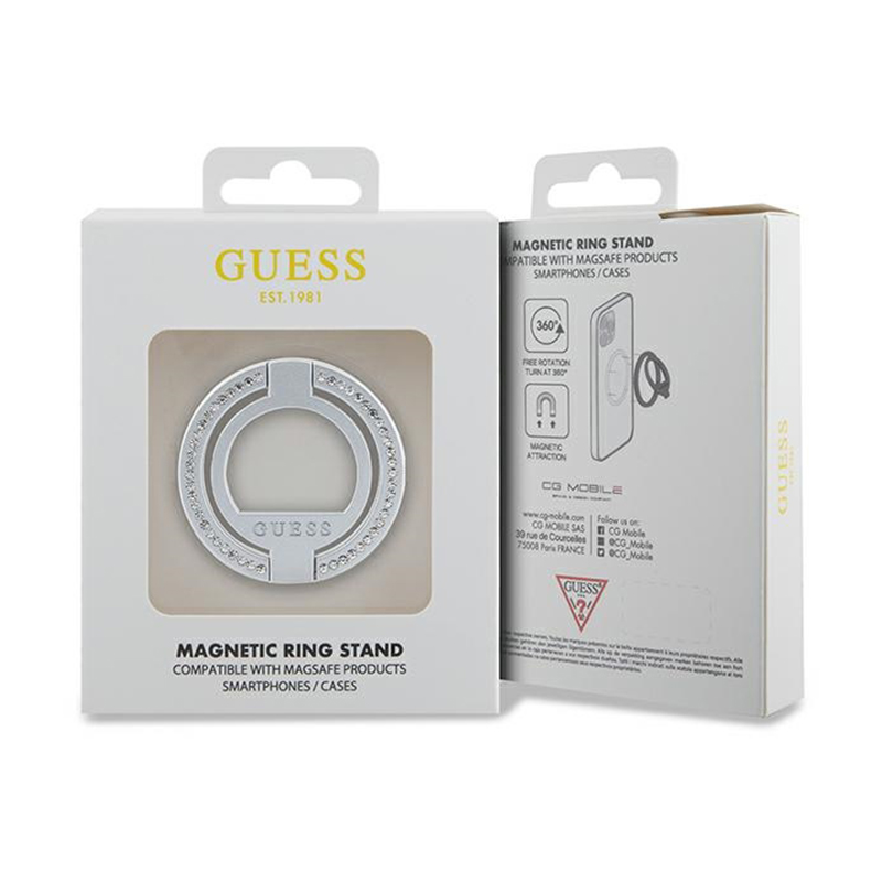 Guess MagSafe Ring Stand Rhinestone - Magnetyczny uchwyt na palec do telefonu z funkcją standu (Srebrny)