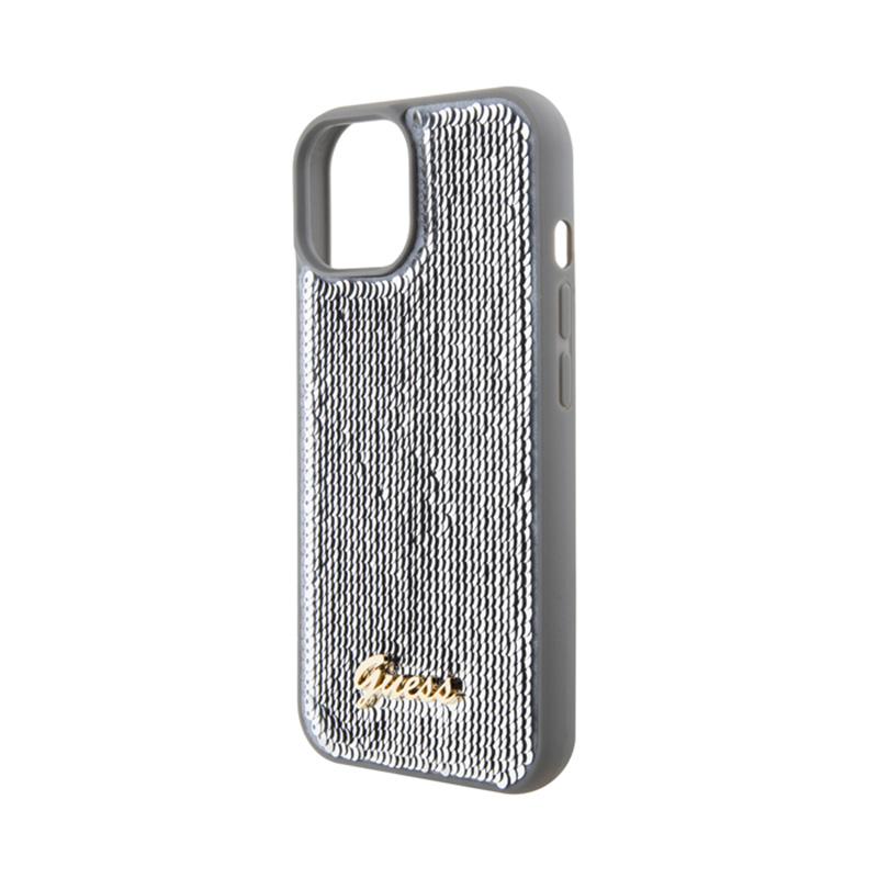 Guess Sequin Script Metal - Etui iPhone 15 (srebrny)
