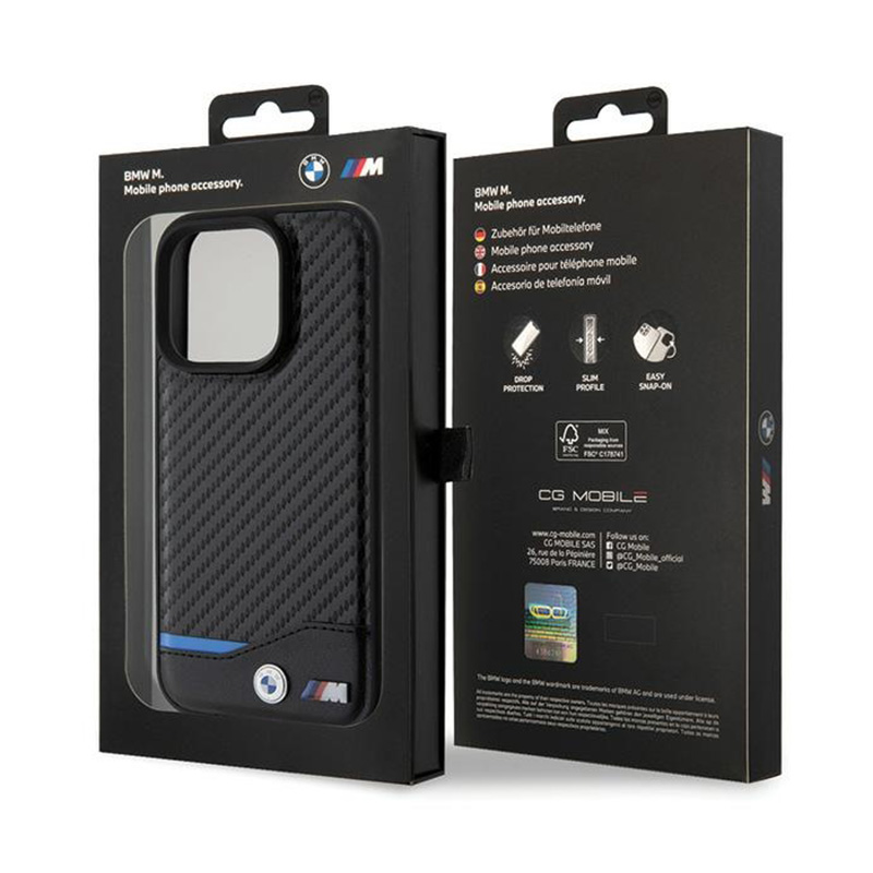BMW Leather Carbon Blue Line - Etui iPhone 15 Pro (czarny)