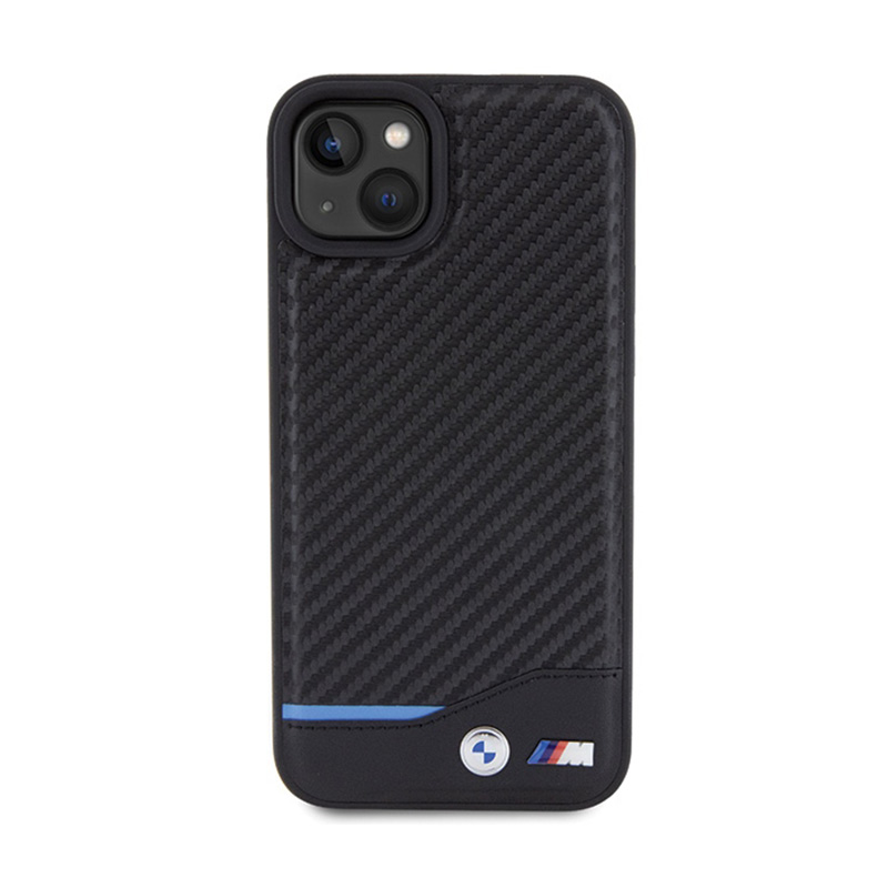 BMW Leather Carbon Blue Line - Etui iPhone 15 Plus (czarny)