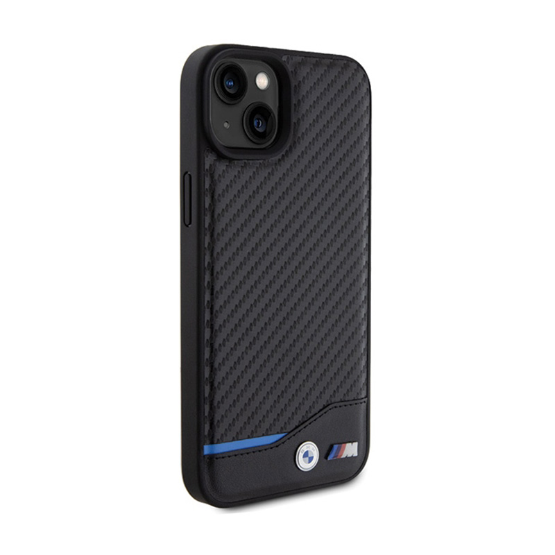 BMW Leather Carbon Blue Line - Etui iPhone 15 Plus (czarny)
