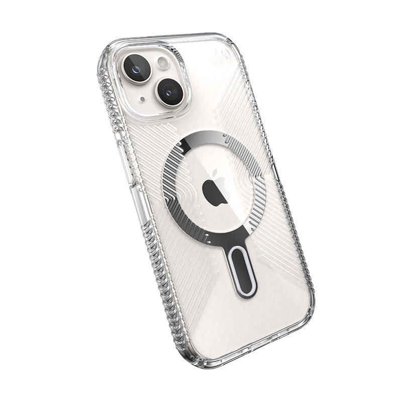 Speck Presidio Perfect-Clear Grip ClickLock & MagSafe - Etui iPhone 15 / iPhone 14 / iPhone 13 (Clear / Chrome Finish / Serene Silver)