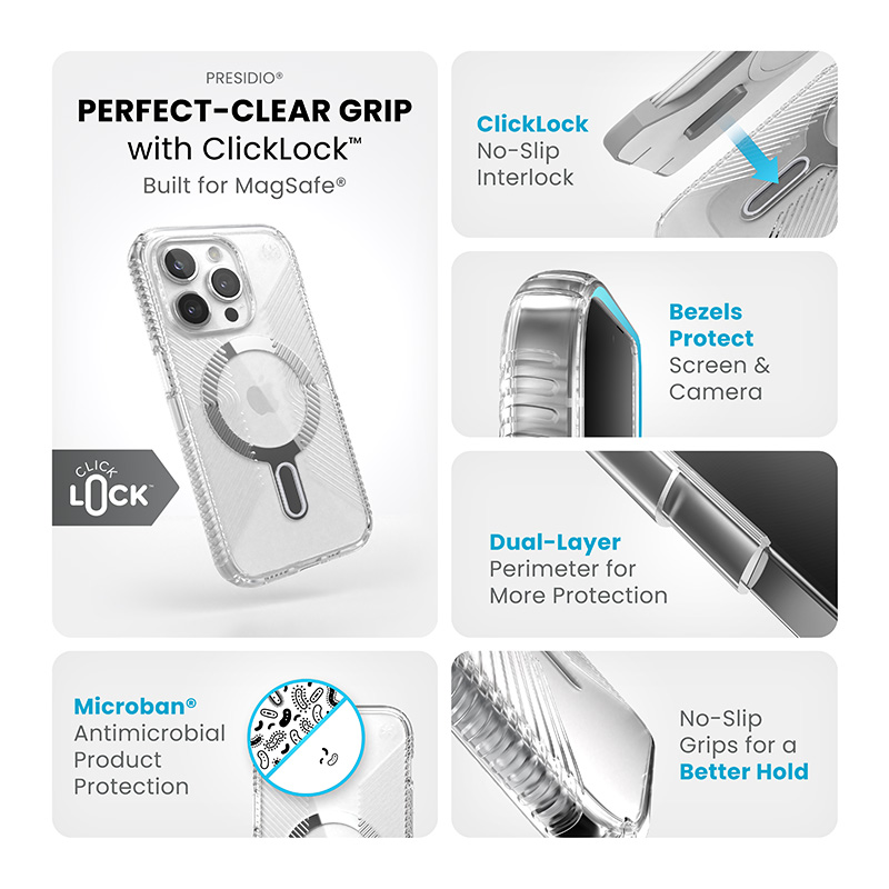 Speck Presidio Perfect-Clear Grip ClickLock & MagSafe - Etui iPhone 15 Pro (Clear / Chrome Finish / Serene Silver)
