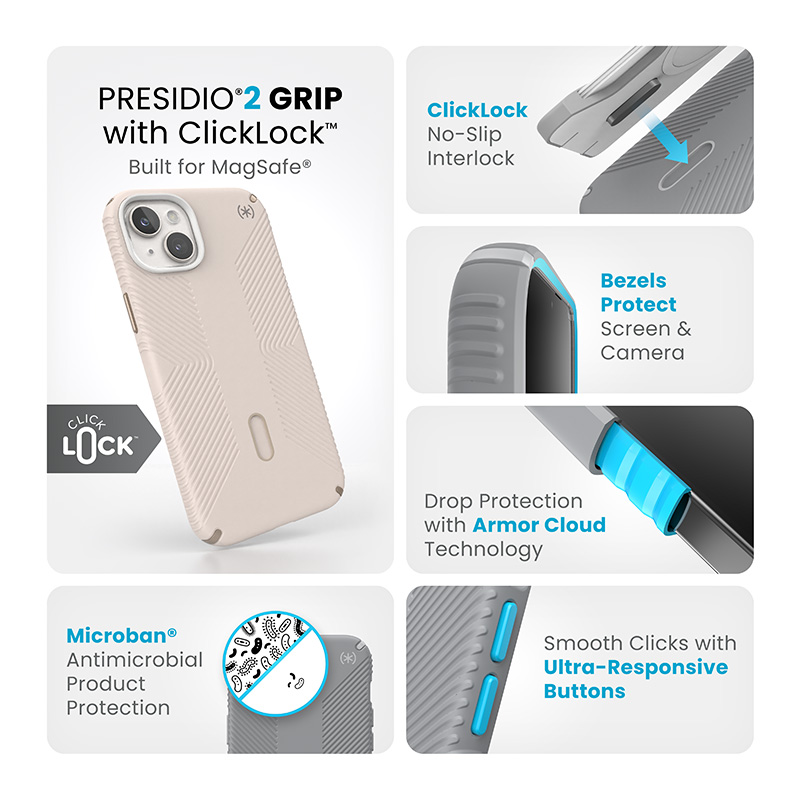 Speck Presidio2 Grip ClickLock & MagSafe - Etui iPhone 15 Plus / iPhone 14 Plus (Bleached Bone / Heirloom Gold / Hazel Brown)