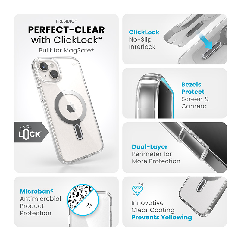 Speck Presidio Perfect-Clear ClickLock & MagSafe - Etui iPhone 15 Plus / iPhone 14 Plus (Clear / Chrome Finish / Serene Silver)