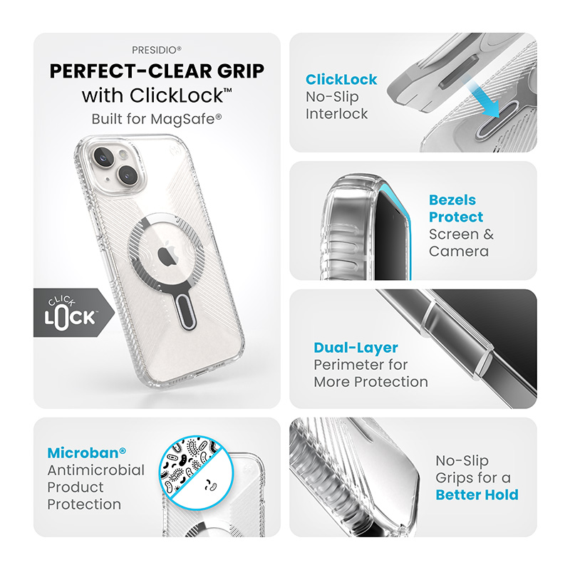 Speck Presidio Perfect-Clear Grip ClickLock & MagSafe - Etui iPhone 15 Plus / iPhone 14 Plus (Clear / Chrome Finish / Serene Silver)