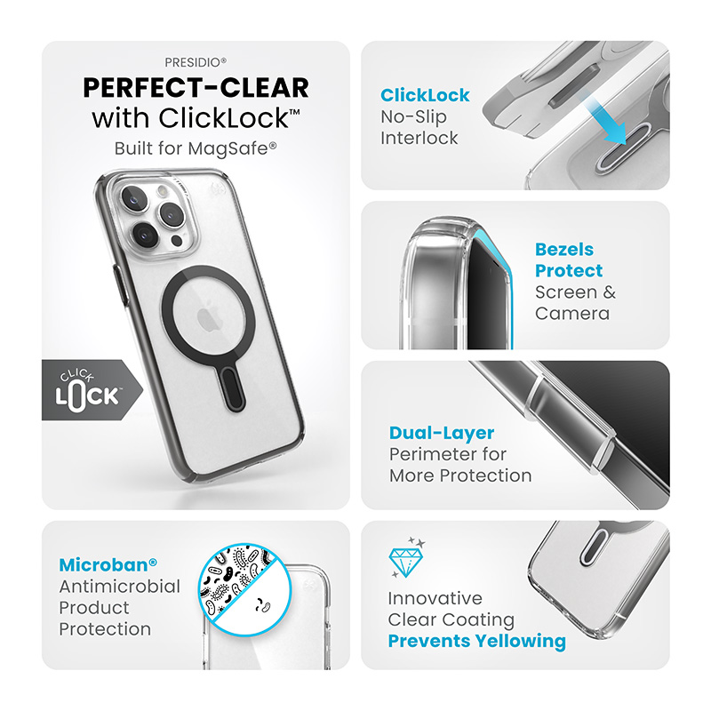 Speck Presidio Perfect-Clear ClickLock & MagSafe - Etui iPhone 15 Pro Max (Clear / Frosted Black / Slate Grey)