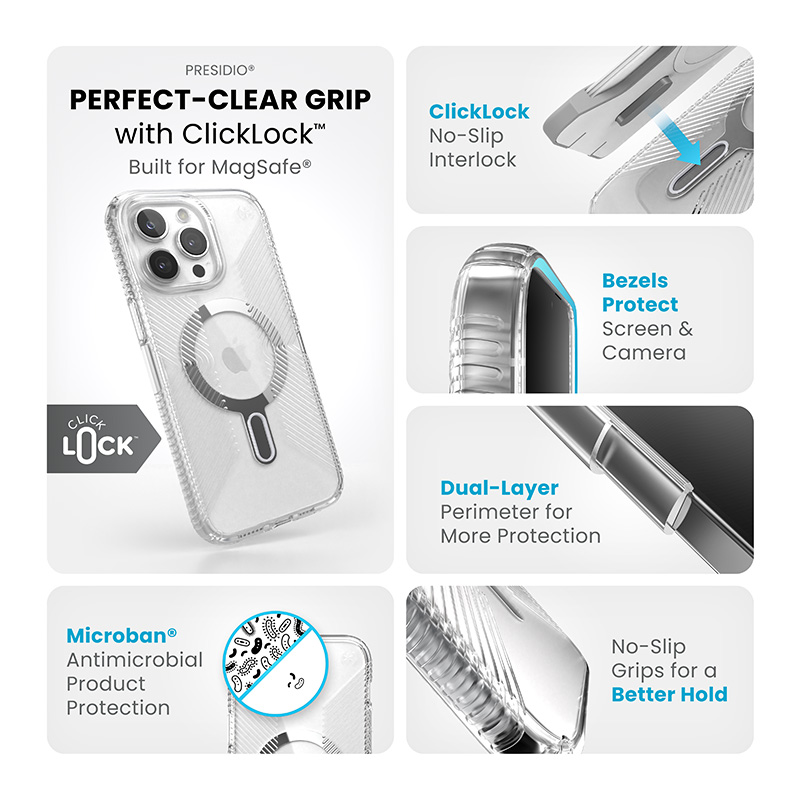Speck Presidio Perfect-Clear Grip ClickLock & MagSafe - Etui iPhone 15 Pro Max (Clear / Chrome Finish / Serene Silver)