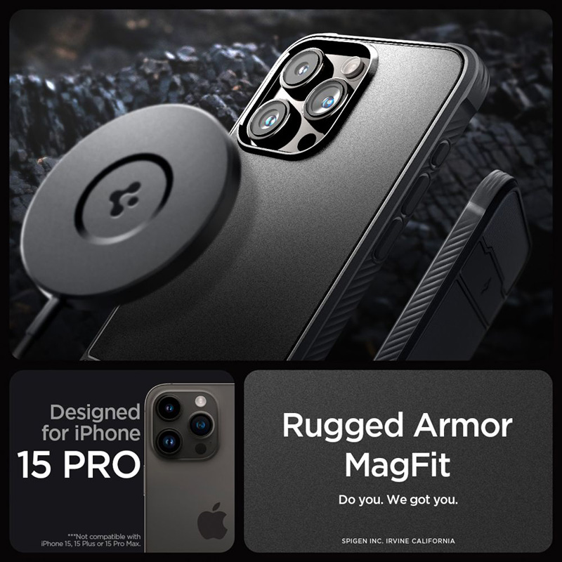 Spigen Rugged Armor Mag MagSafe - Etui do iPhone 15 Pro (Matte Black)