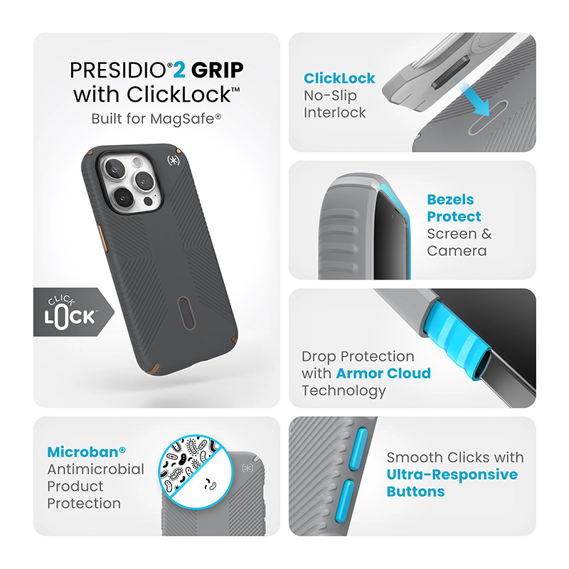 Speck Presidio2 Grip ClickLock & MagSafe - Etui iPhone 15 Pro (Charcoal Grey / Cool Bronze)