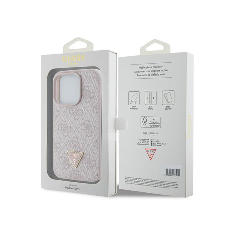Guess Leather 4G Triangle Strass - Etui iPhone 15 Pro (różowy)