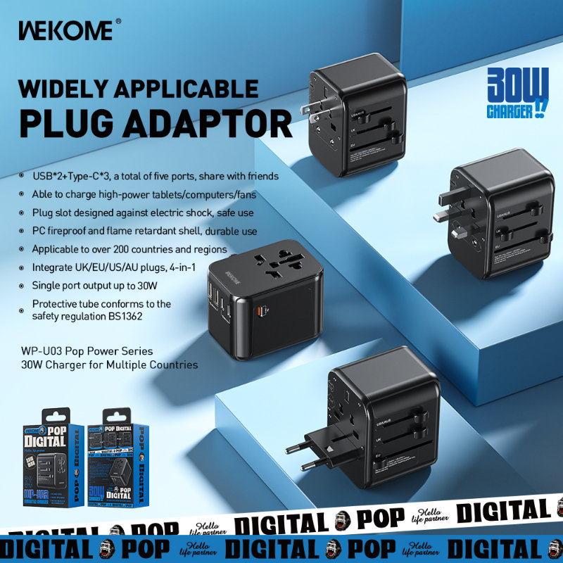 WEKOME WP-U03 Pop Digital Series - Ładowarka / Adapter podróżny EU / UK / US / AU + 3x USB-C & 2x USB-A 30W (Czarny)