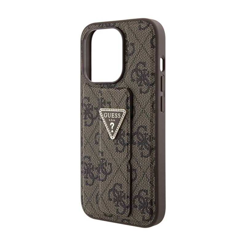 Guess Grip Stand 4G Triangle Strass Logo - Etui iPhone 15 Pro (brązowy)