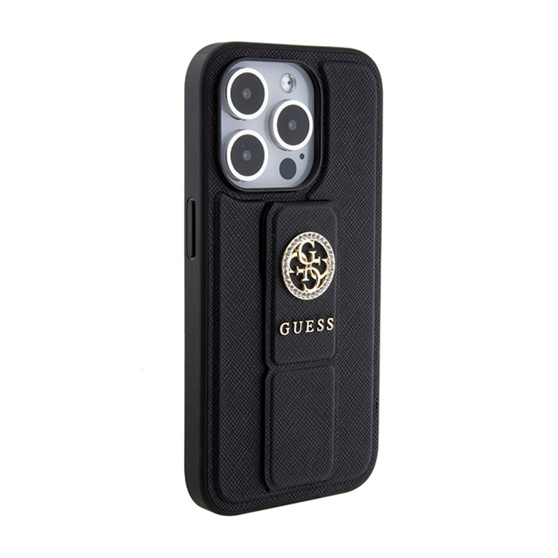 Guess Grip Stand 4G Saffiano Strass Logo - Etui iPhone 15 Pro (czarny)