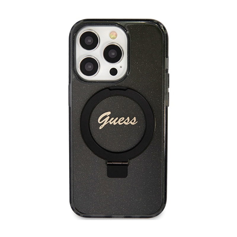 Guess Ring Stand Script Glitter MagSafe - Etui iPhone 15 Pro (czarny)