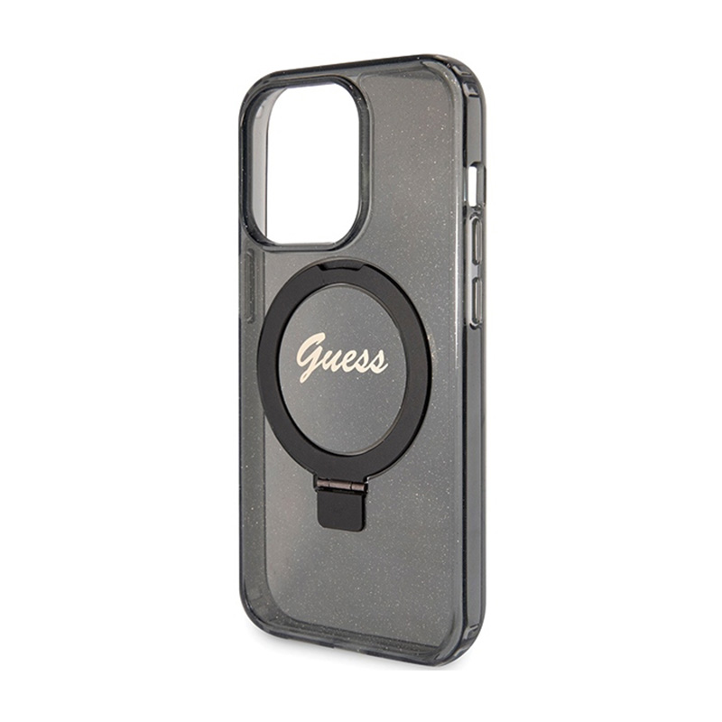 Guess Ring Stand Script Glitter MagSafe - Etui iPhone 15 Pro (czarny)
