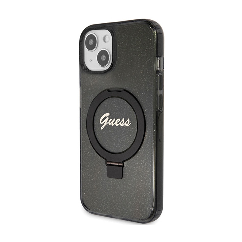 Guess Ring Stand Script Glitter MagSafe - Etui iPhone 15 Plus (czarny)